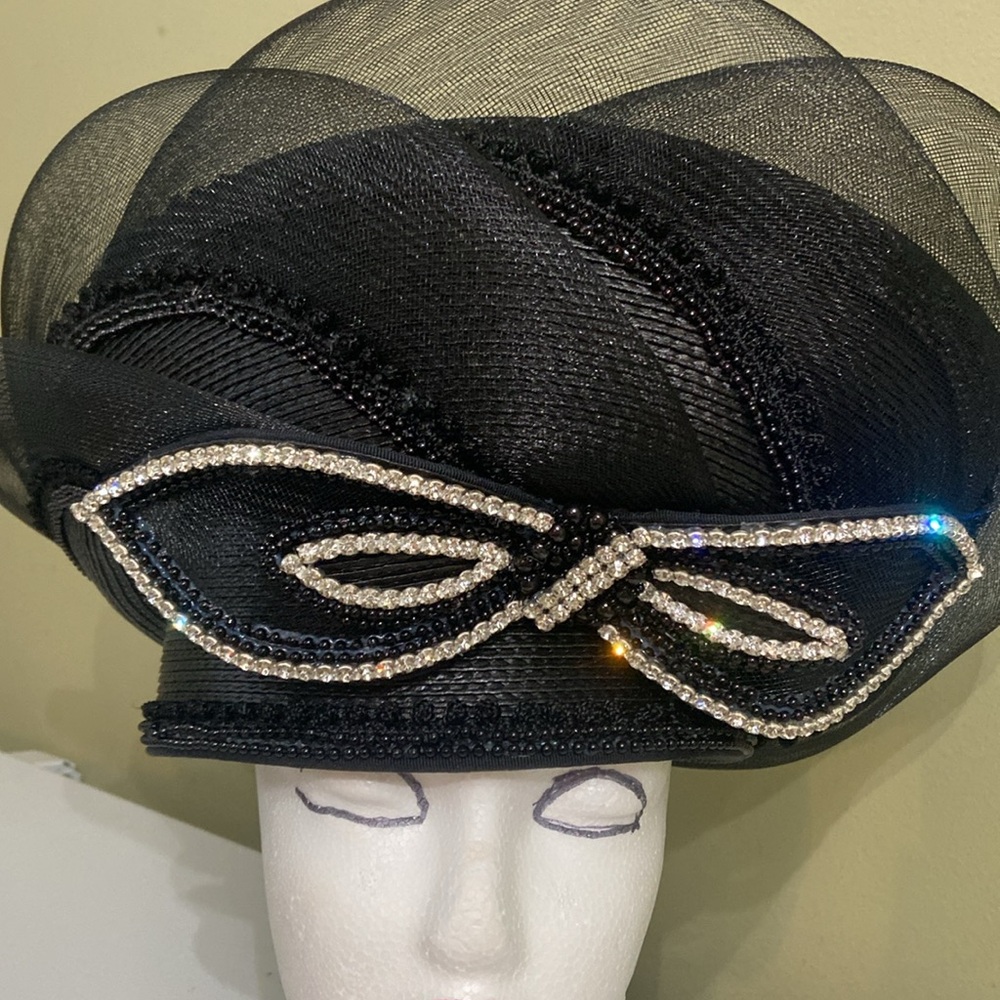 Black Decorative Ladies Dress Hat with Rhinestone Bow - Picture 3 of 8
